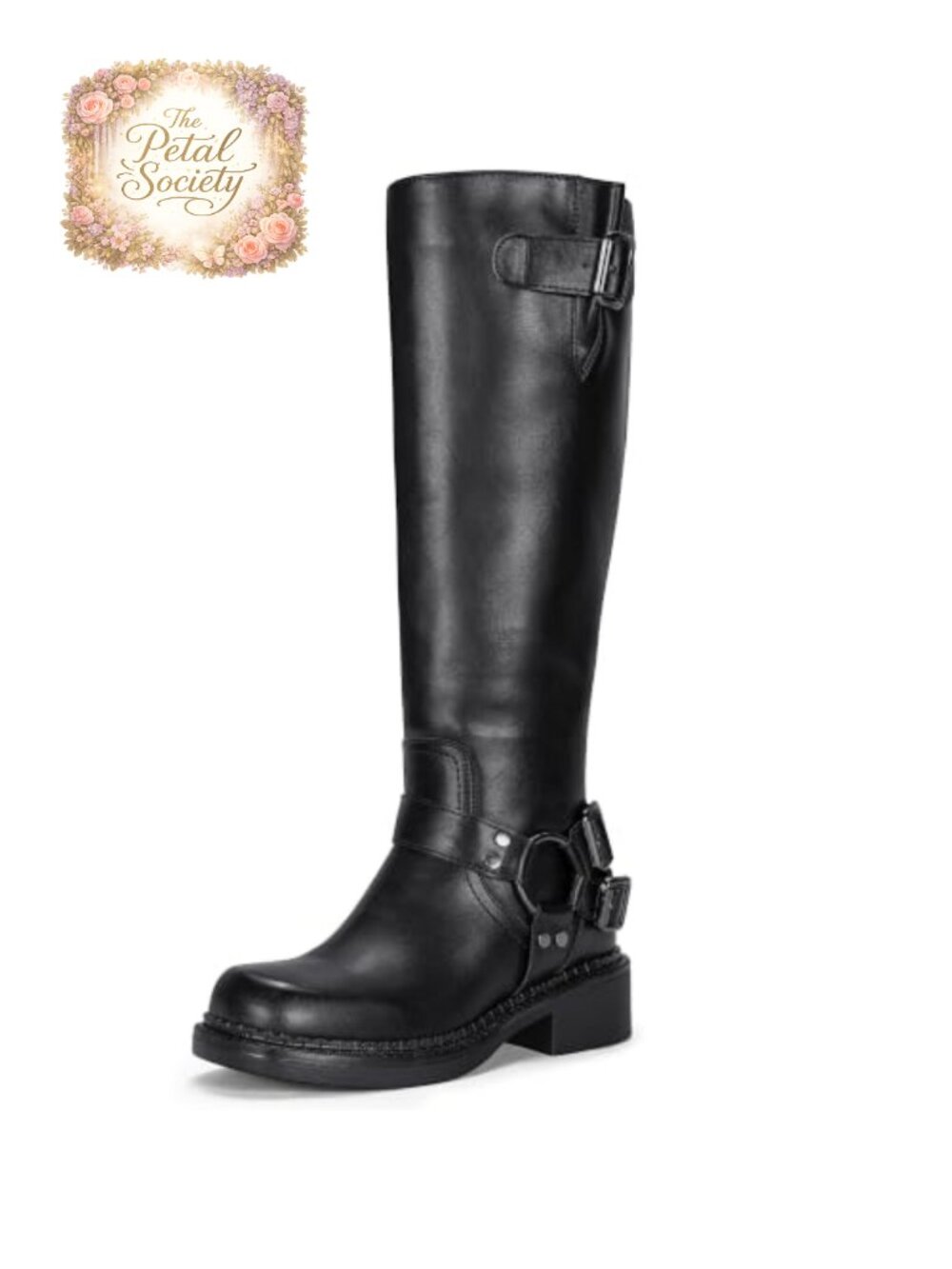Knee High Riding Boots Square Toe Faux Leather Biker Boots